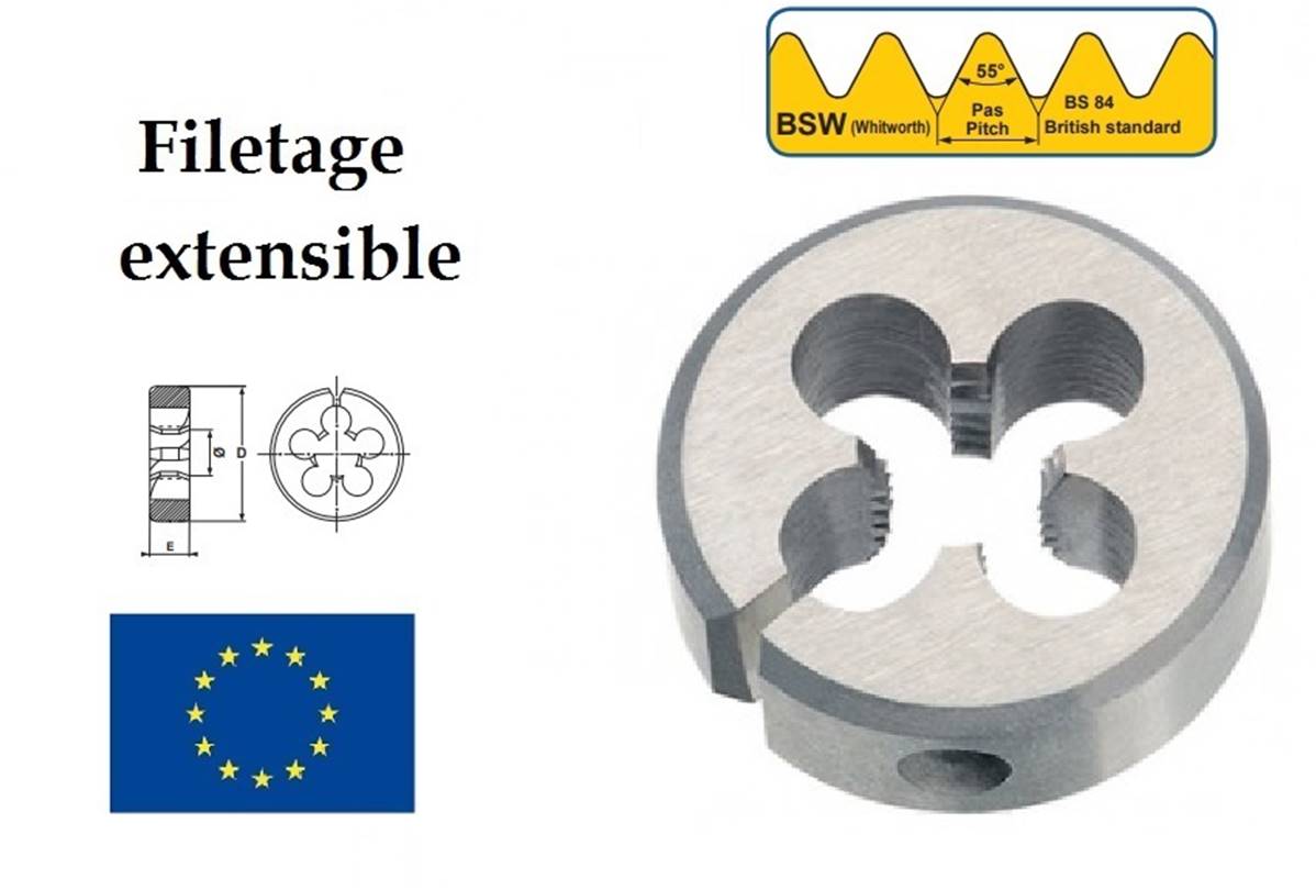 Filière ronde filetage Whitworth BSW extensible