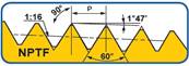 Taraud machine court Co5 Forme C Hélice 35° pas gaz conique Conicité 1:16 NPTF 1/2 x 14